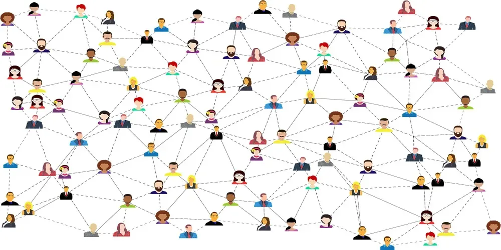 A group of people connected wire-like signals, symbolizing digital communication and global connectivity.