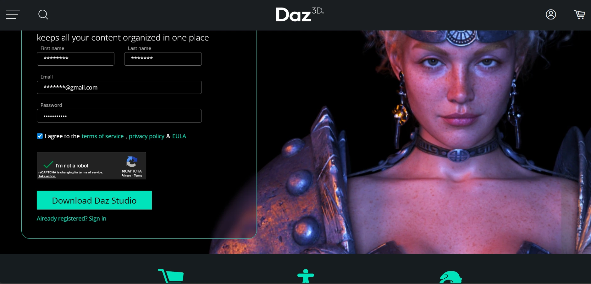 A sign-up page on the Daz 3D website, featuring a form on the left and a close-up rendering of a glamorous, armored female 3D character (likely the 'Summoner G8') on the right. The form includes input fields for First Name, Last Name, Email, and Password, followed by a checkbox for 'I agree to the terms of service, privacy policy & EULA' and an 'I'm not a robot' reCAPTCHA box. Below is a 'Download Daz Studio' button and an 'Already registered? Sign in' link.